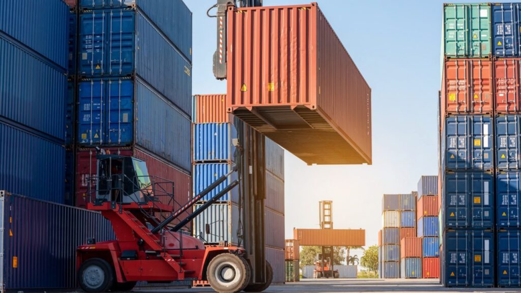 Forklift handling cargo at a container yard
