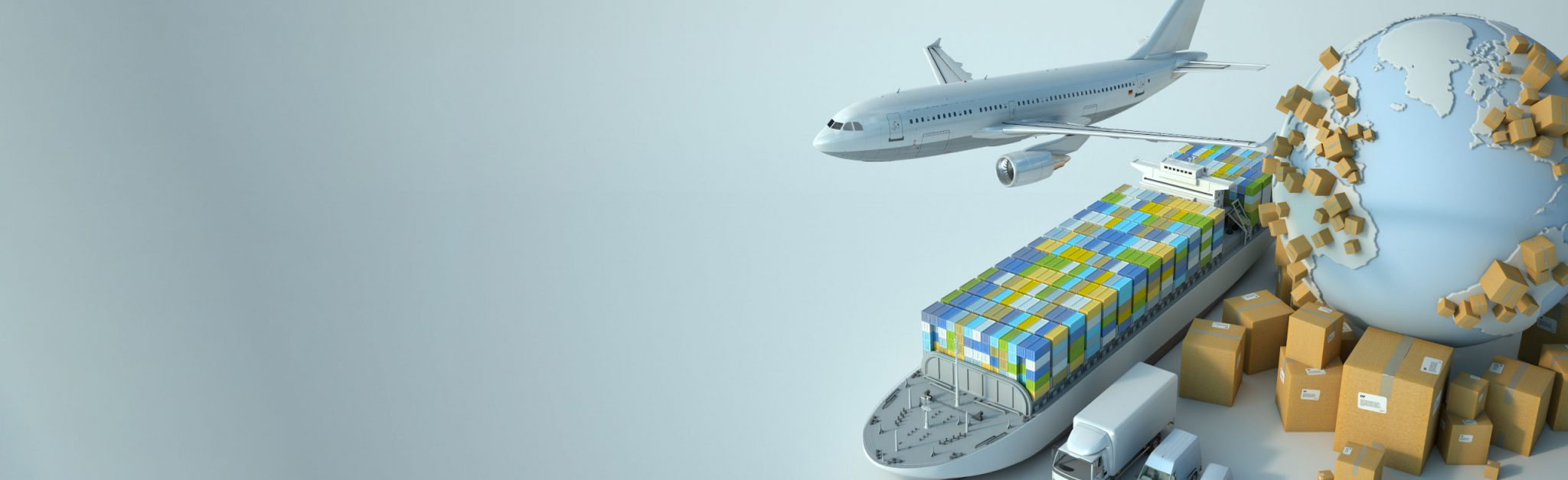 Illustration of an aircraft, container ship, trucks and parcels around a globe