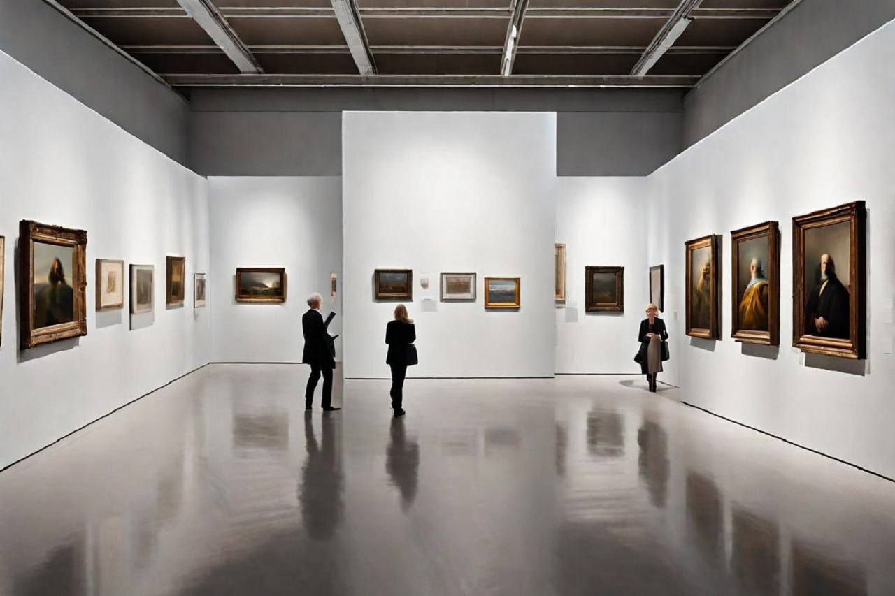 Art gallery with paintings on display